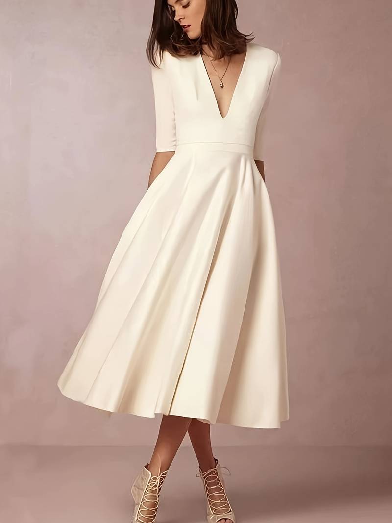 Evelyn Women's Wedding Guest Flared Midi Dress White
