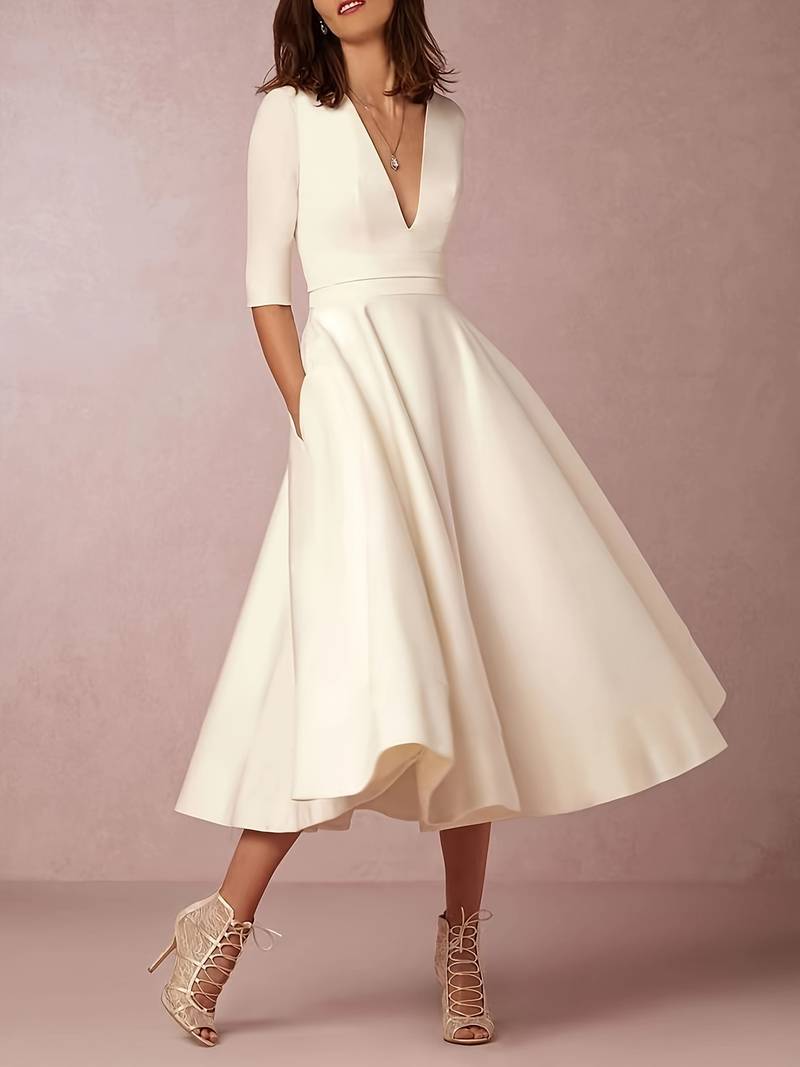 Evelyn Women's Wedding Guest Flared Midi Dress White