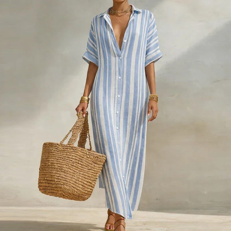 Olivia Linen Long Shirt Dress Women's Relaxed Fit Stripe