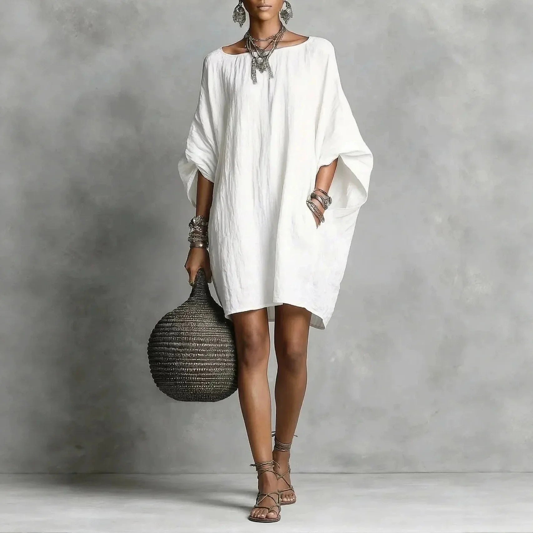 Haven Beck Lindsey Effortless Tunic Dress Shoulder-Baring Cotton Linen