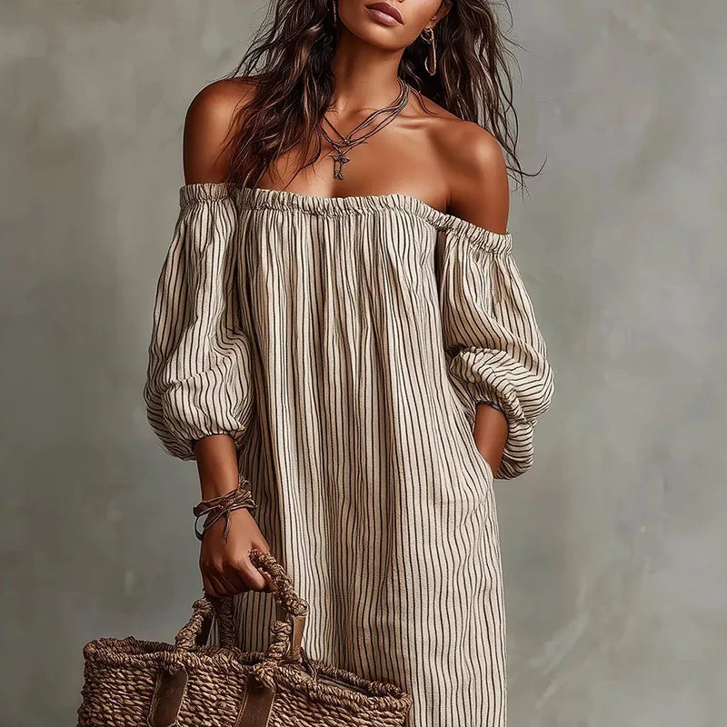Haven Beck Madison Off-Shoulder Maxi Dress Puff Sleeve Striped Boho