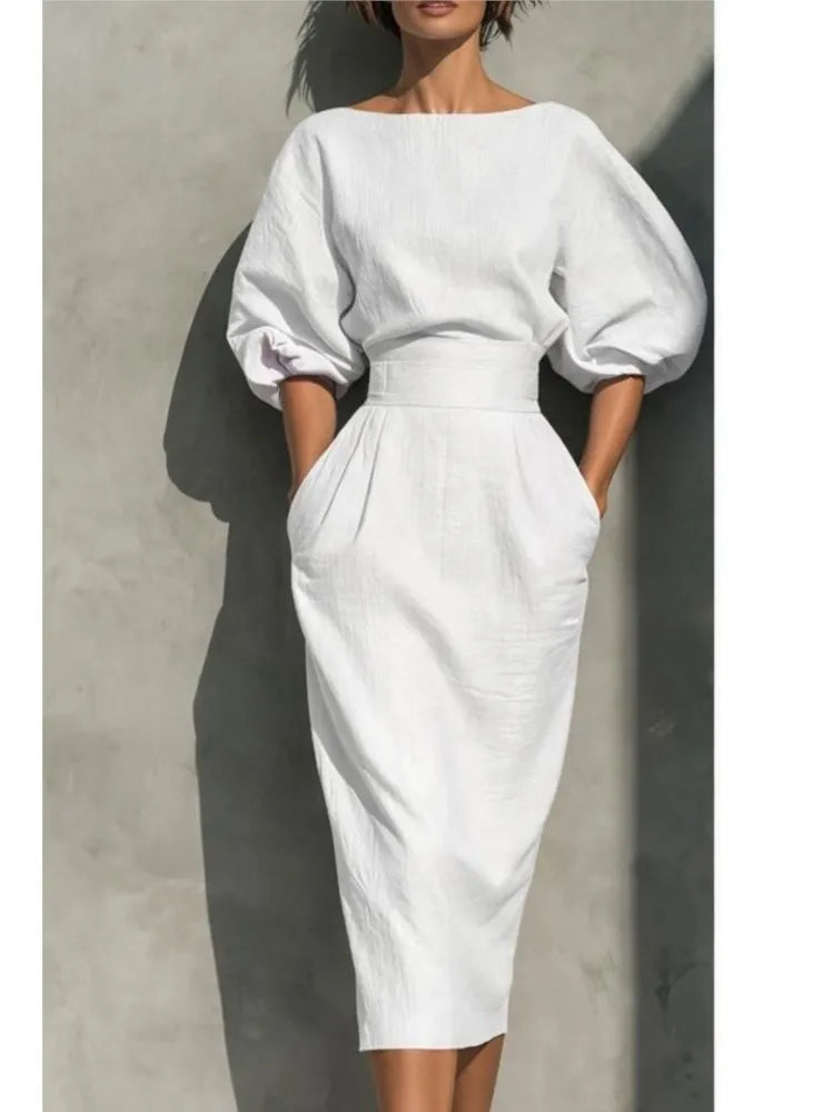 Bailey Elegant Linen Midi Dress with Lantern Sleeves and Pockets