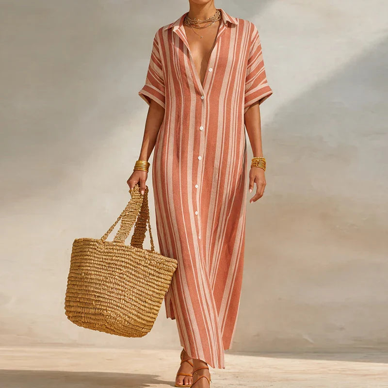 Olivia Linen Long Shirt Dress Women's Relaxed Fit Stripe