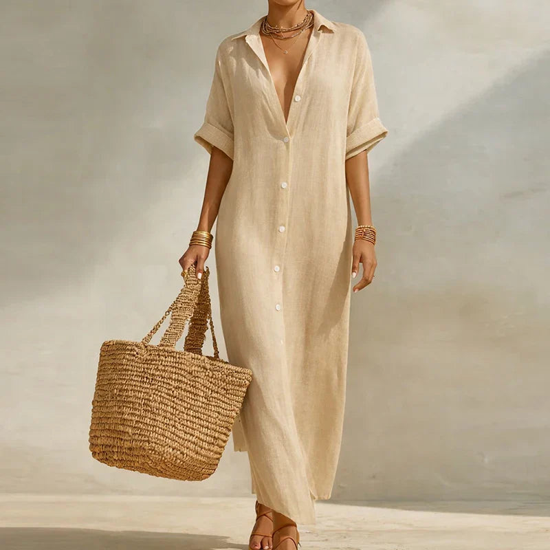 Olivia Linen Long Shirt Dress Women's Relaxed Fit Stripe