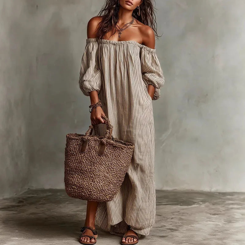Haven Beck Madison Off-Shoulder Maxi Dress Puff Sleeve Striped Boho