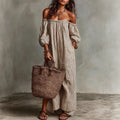 Haven Beck Madison Off-Shoulder Maxi Dress Puff Sleeve Striped Boho