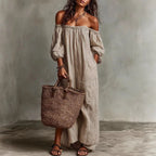 Haven Beck Madison Off-Shoulder Maxi Dress Puff Sleeve Striped Boho
