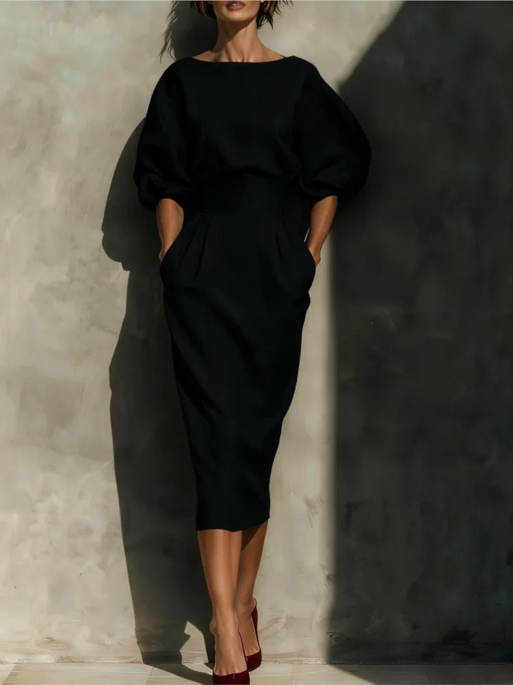 Bailey Elegant Linen Midi Dress with Lantern Sleeves and Pockets