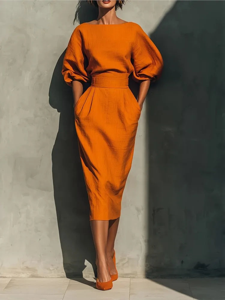 Bailey Elegant Linen Midi Dress with Lantern Sleeves and Pockets