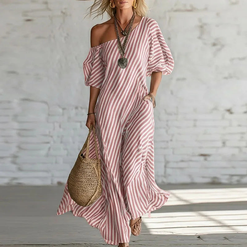 Haven Beck Sian One Shoulder Puff Sleeve Dress Striped