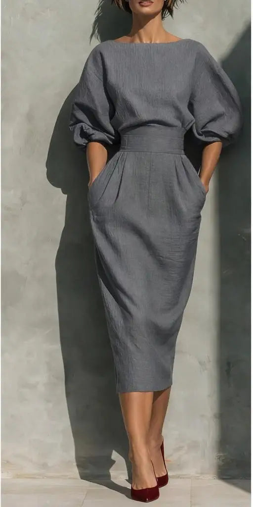 Bailey Elegant Linen Midi Dress with Lantern Sleeves and Pockets