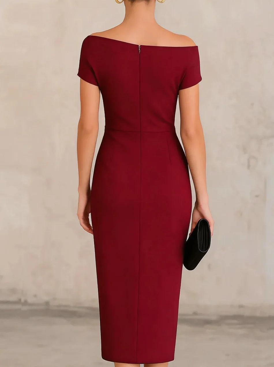 Haven Beck Megan Pleated Slit Midi Dress Women's Stretch Fabric Dress