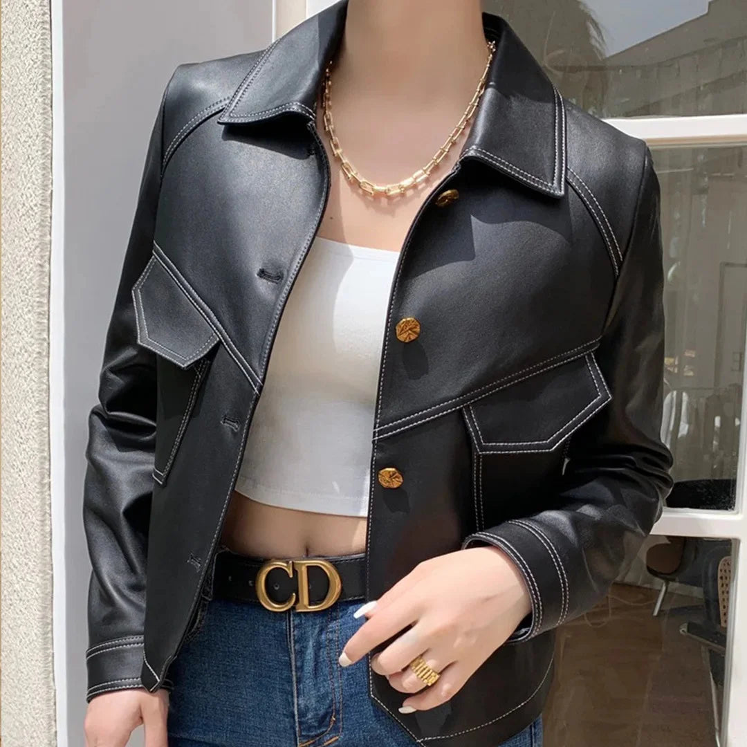 Monacco Cropped Leather Jacket Women's Faux Button Front