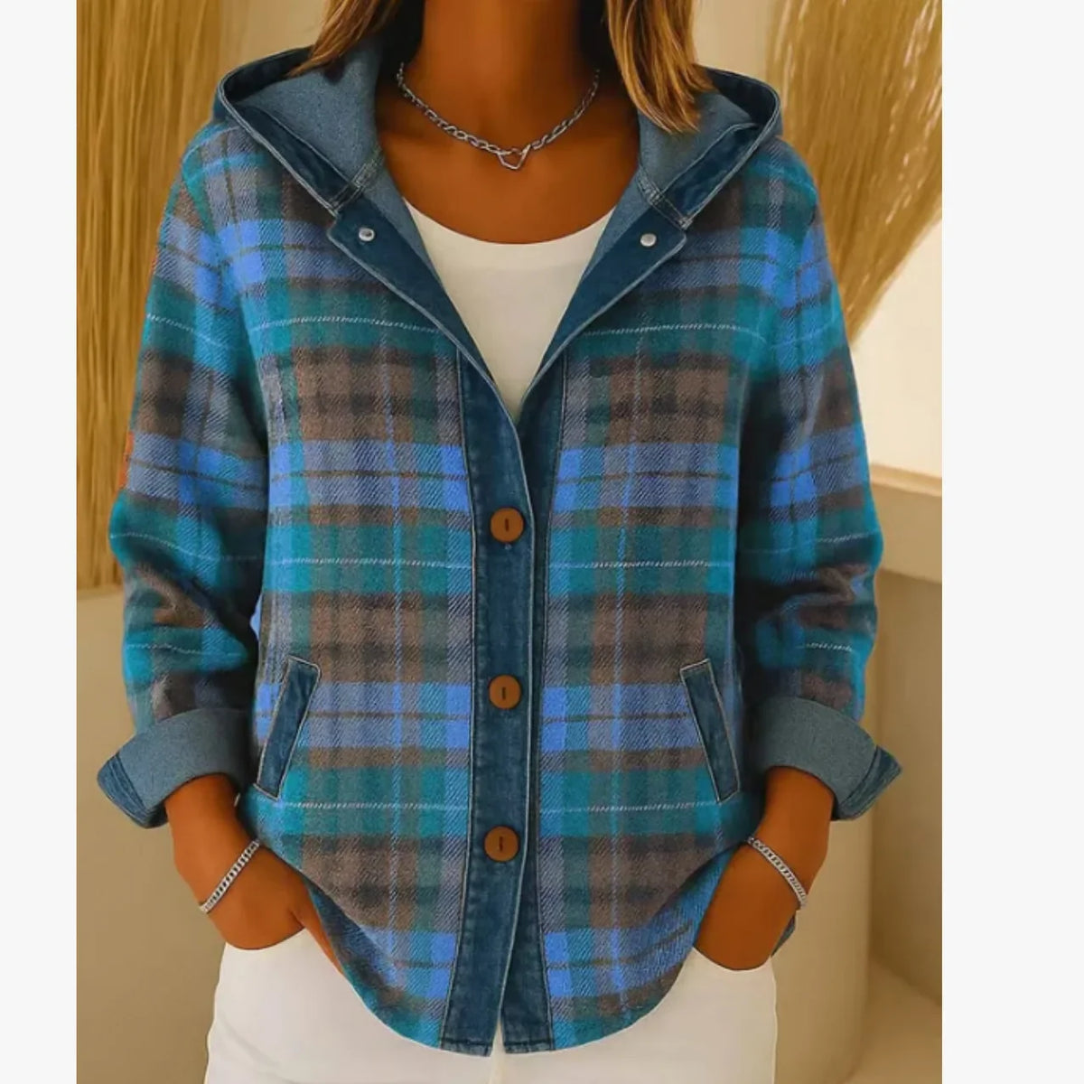 Haven Beck Piper Contrast Plaid Jacket Women's Casual Hooded