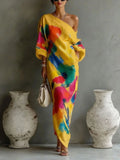 Haven Beck Soleil One-Shoulder Bohemian Maxi Dress Flowing Kaftan Style