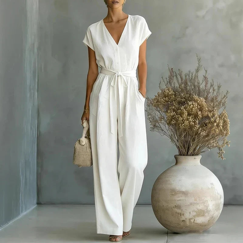 Haven Beck Kyrella Linen V-Neck Jumpsuit Wide-Leg