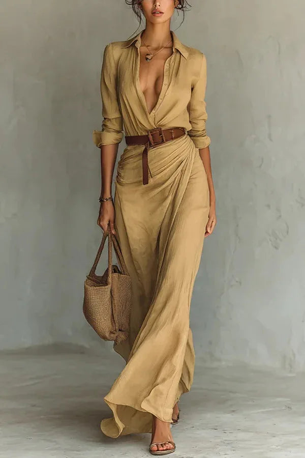 Haven Beck Perla Long Sleeve Wrap Maxi Dress V-Neck Solid