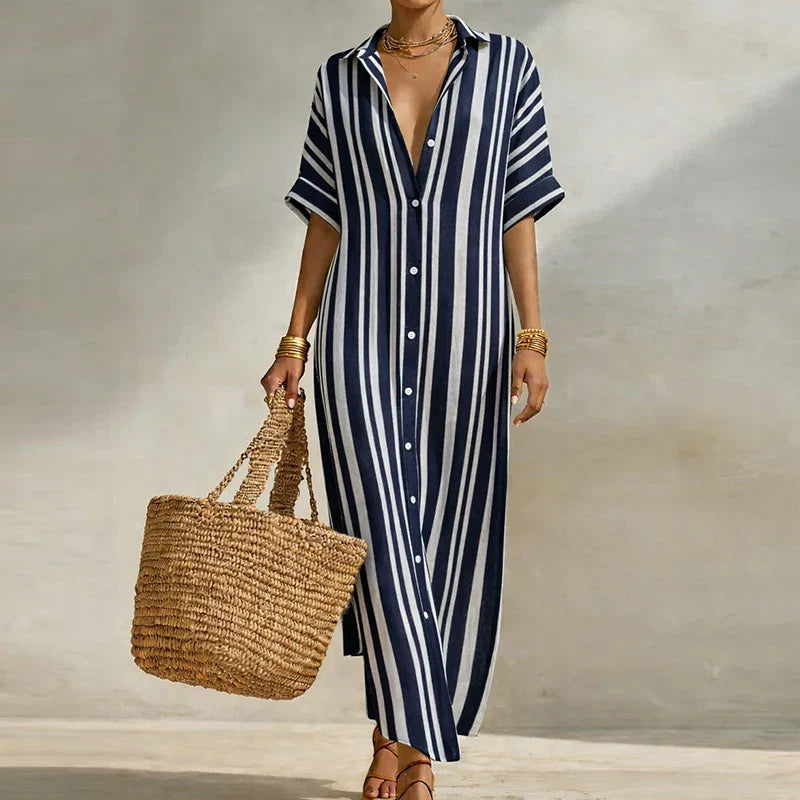 Olivia Linen Long Shirt Dress Women's Relaxed Fit Stripe