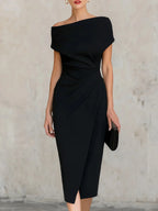 Haven Beck Megan Pleated Slit Midi Dress Women's Stretch Fabric Dress