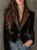 Haven Beck Bianca Leopard Trim Velvet Blazer Women's Fitted