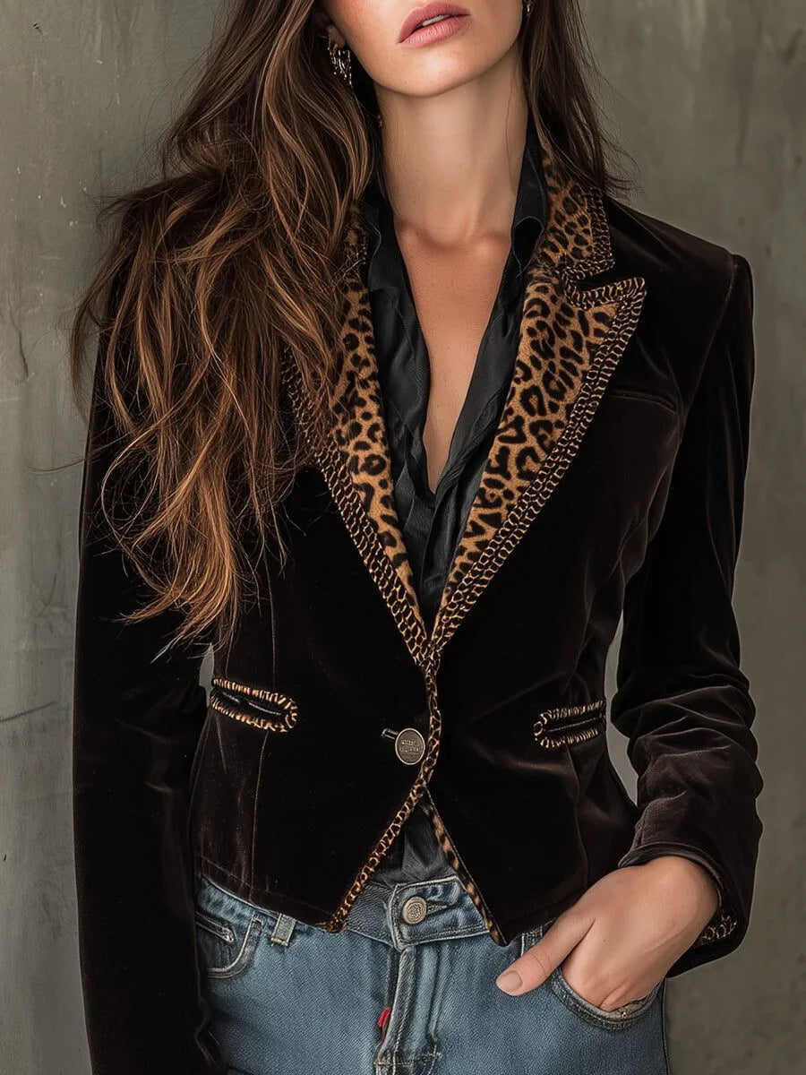 Haven Beck Bianca Leopard Trim Velvet Blazer Women's Fitted
