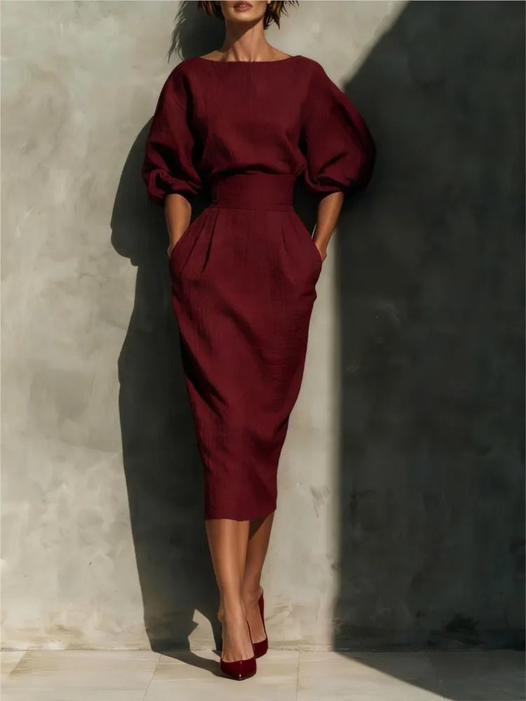 Bailey Elegant Linen Midi Dress with Lantern Sleeves and Pockets