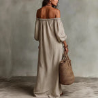 Haven Beck Madison Off-Shoulder Maxi Dress Puff Sleeve Striped Boho