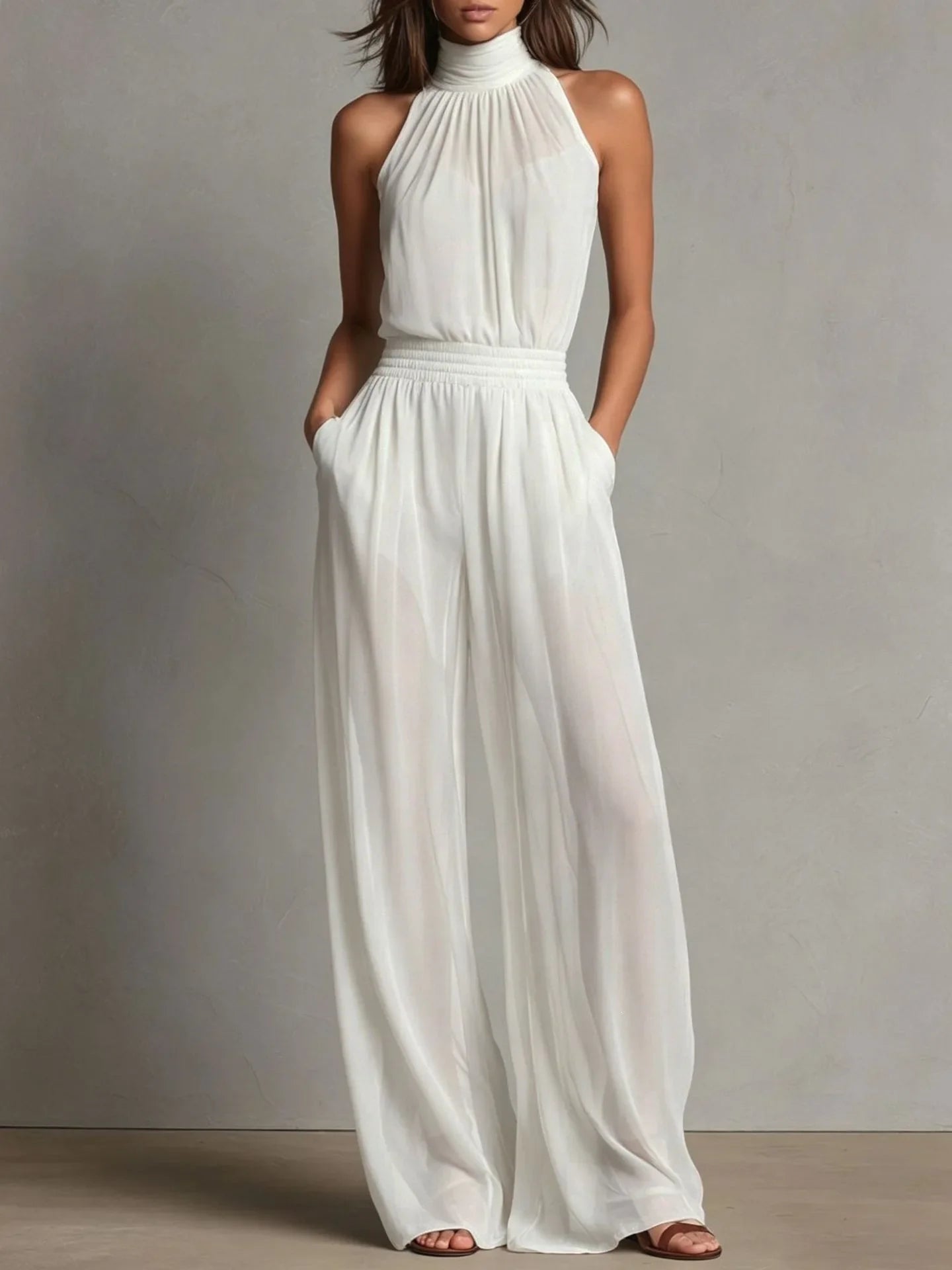 Haven Beck Celina Sleeveless Halter Wide Leg Chiffon Jumpsuit
