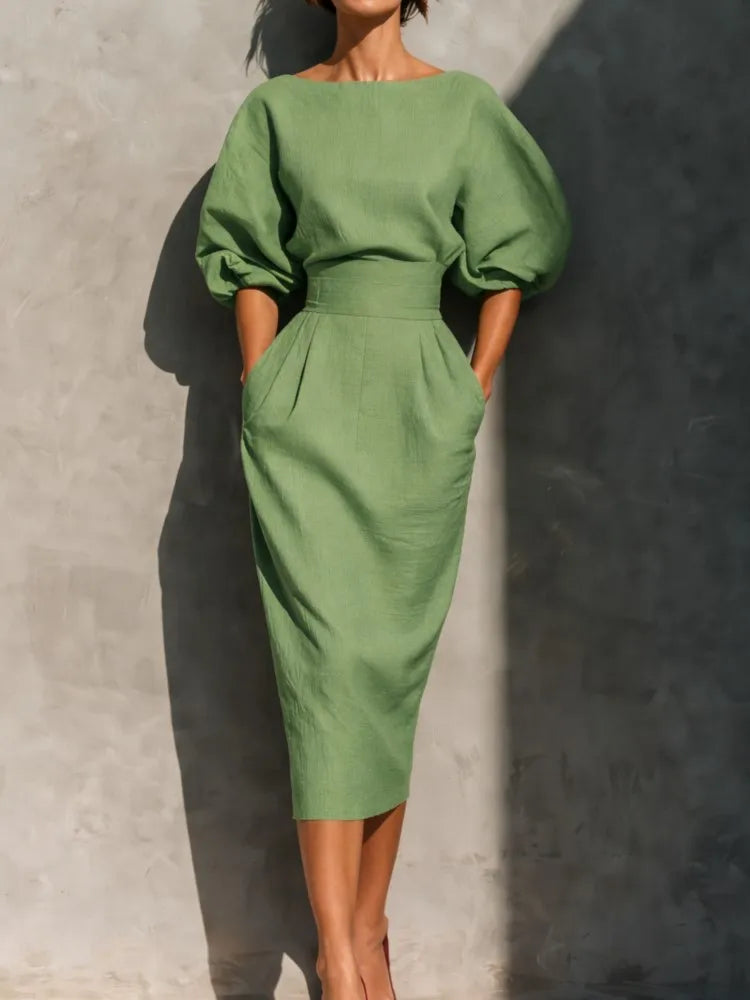 Bailey Elegant Linen Midi Dress with Lantern Sleeves and Pockets