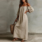 Haven Beck Madison Off-Shoulder Maxi Dress Puff Sleeve Striped Boho