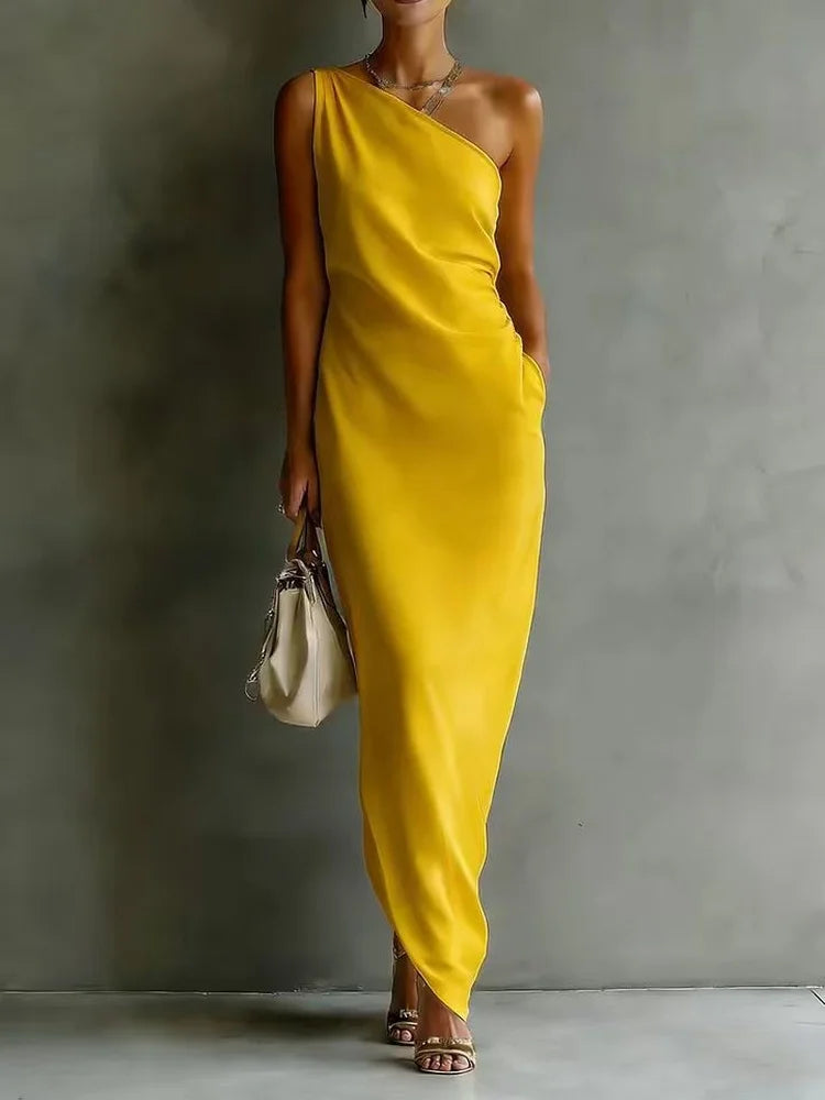 Haven Beck Cheyenne One Shoulder Satin Maxi Dress