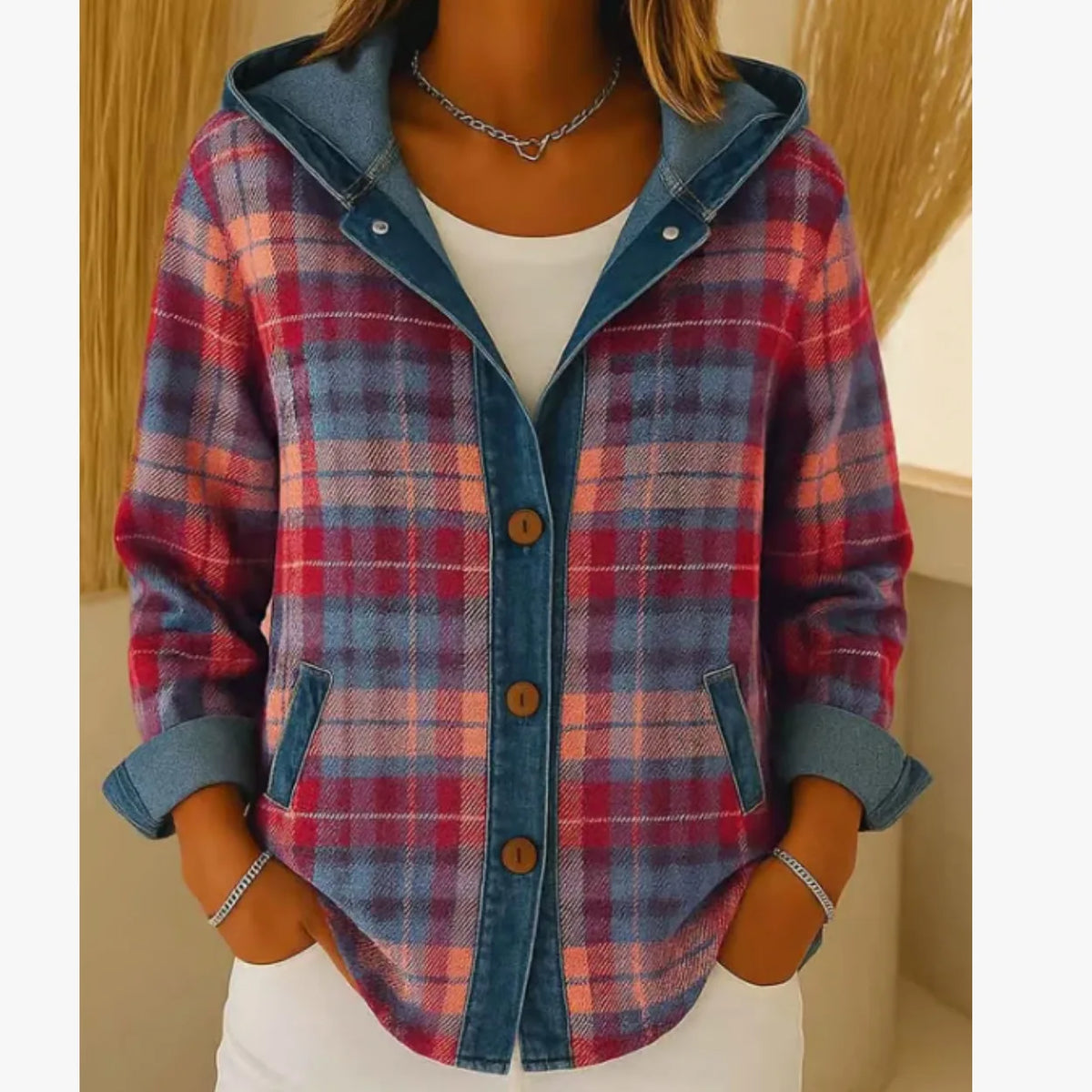 Haven Beck Piper Contrast Plaid Jacket Women's Casual Hooded