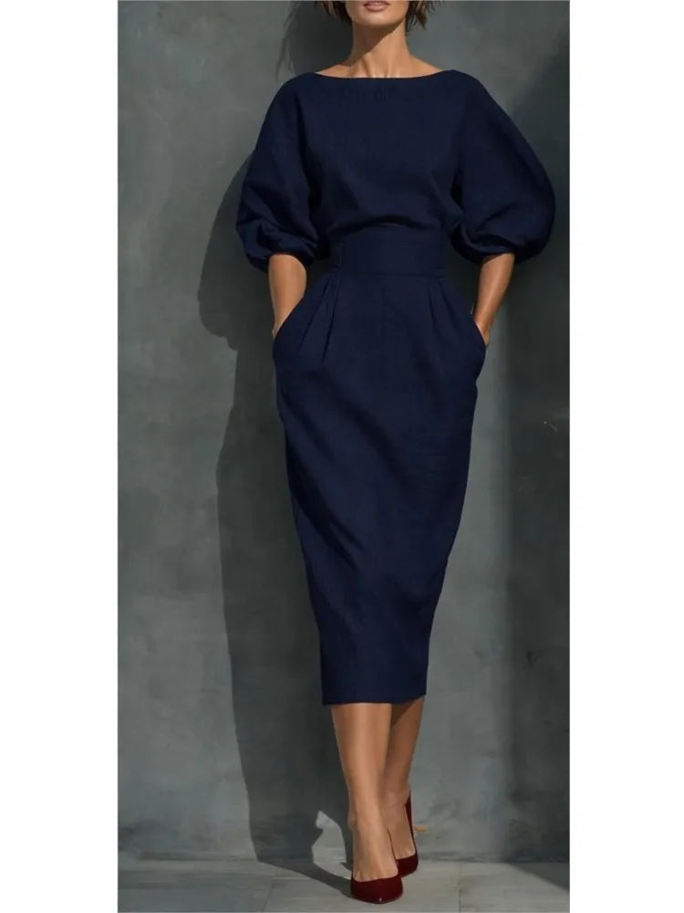 Bailey Elegant Linen Midi Dress with Lantern Sleeves and Pockets