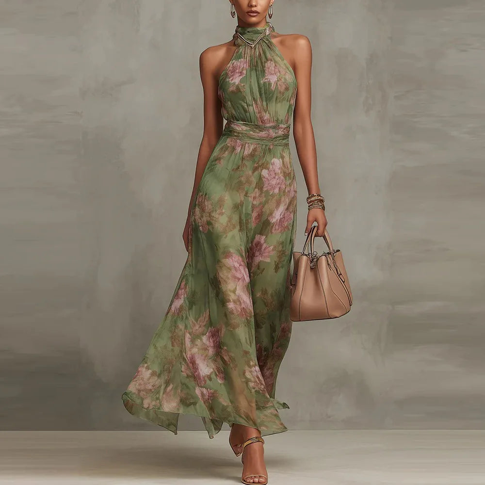 Haven Beck Natalie Floral Maxi Wedding Guest Dress Halter Neck