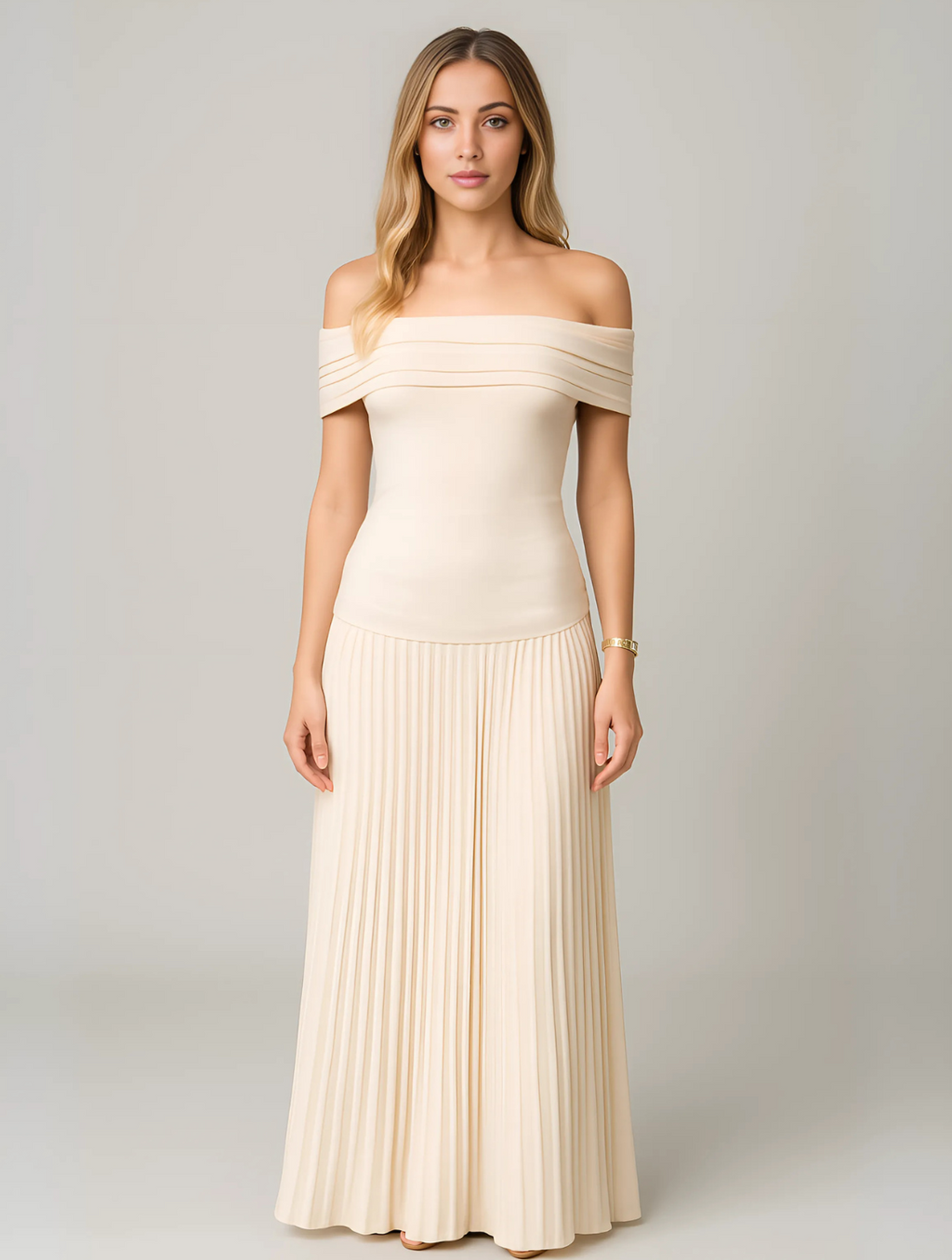 The Hills Nashville Bella Pleated Maxi Dress Off-Shoulder Wedding Guest