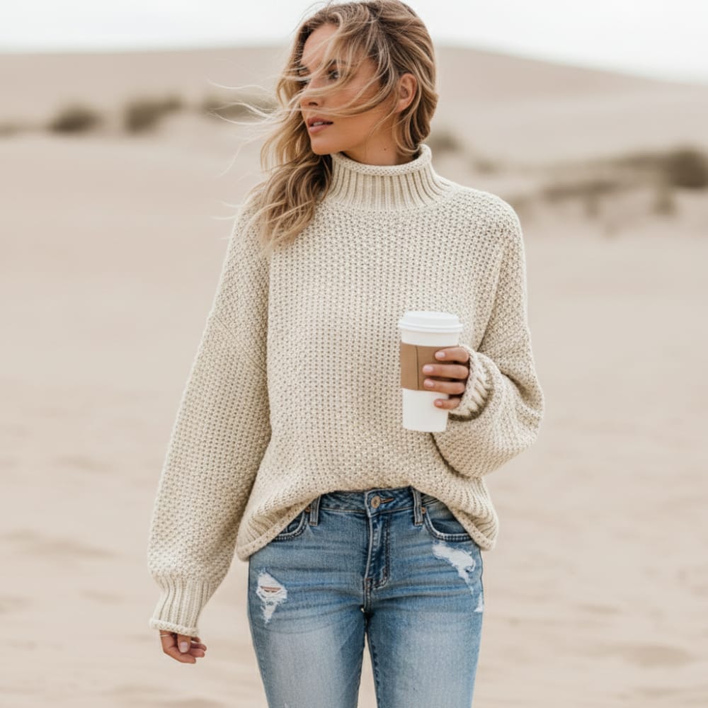 Boho Beach Hut Turtleneck Knit Loose Pullover Fashion Sweater