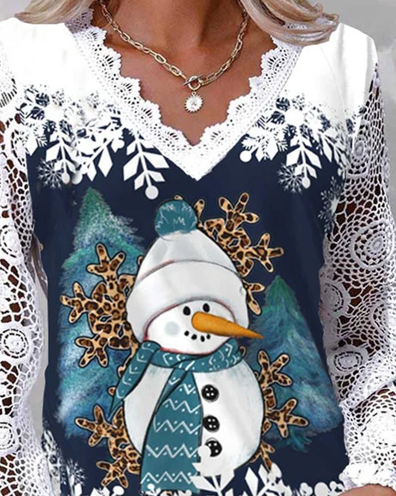 Inga Snowman Print Lace Blouse Women's