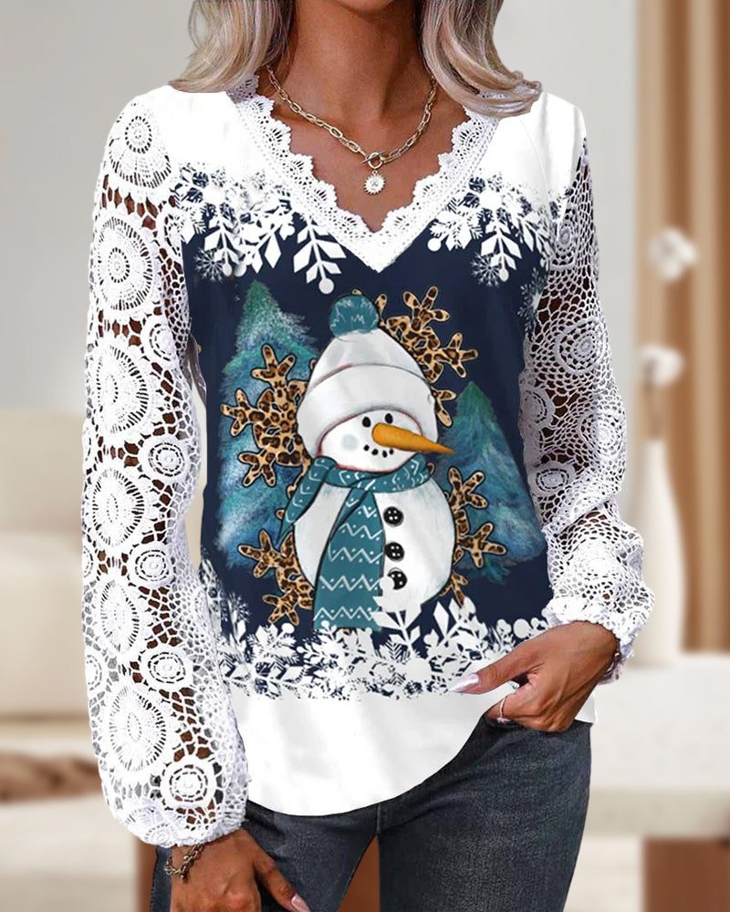 Inga Snowman Print Lace Blouse Women's
