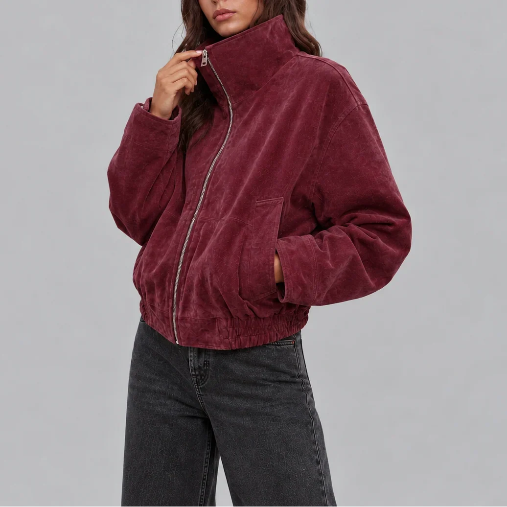 Oversized Cropped Zip Up Bomber Jacket Women's