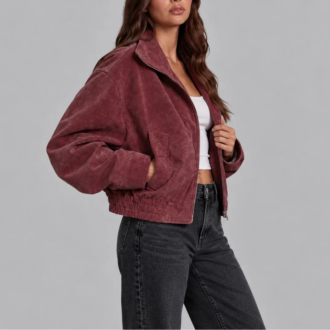 Oversized Cropped Zip Up Bomber Jacket Women's