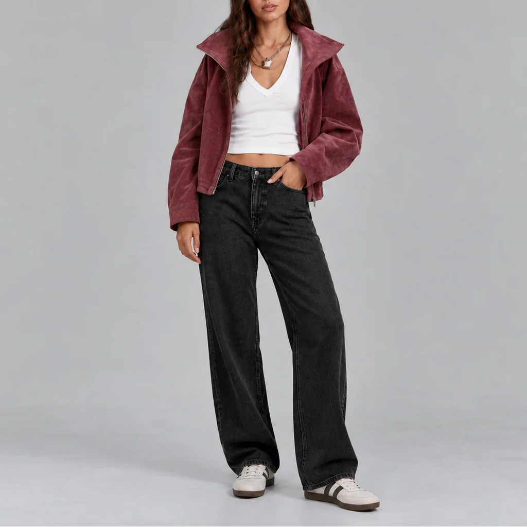 Oversized Cropped Zip Up Bomber Jacket Women's
