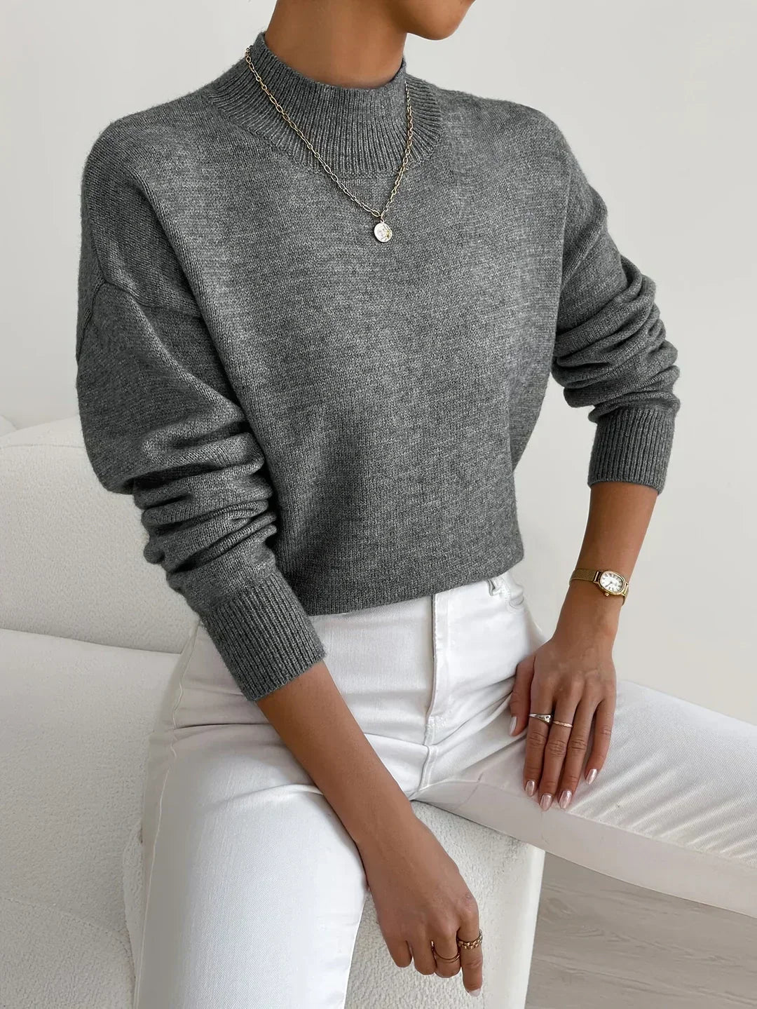Kate and Wendy Women's Casual Knit Turtleneck Sweater Ribbed Trim